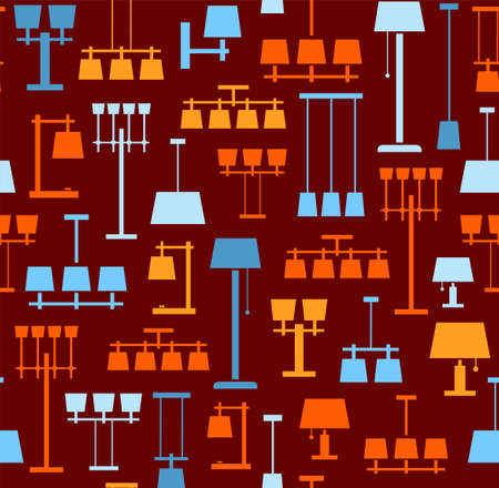 Lamps ceiling, table, floor, background, seamless, Burgundy. Vector background with images of various types of lamps. Yellow, orange and light blue, flat image on a Burgundy background.のイラスト素材
