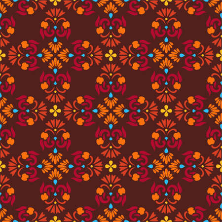 Background, brown seamless pattern with orange flowers. Vector seamless pattern with orange and red...