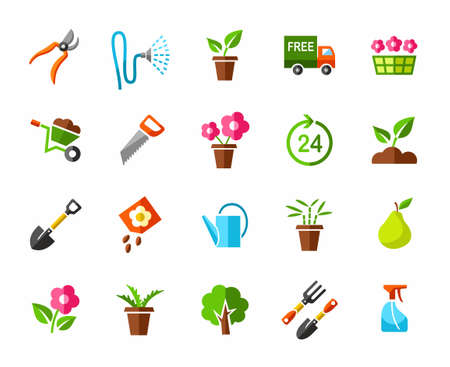 Garden, vegetable garden, icons, colored. Vector icons of gardening tools and equipment. Colored, flat pictures on a white background.のイラスト素材