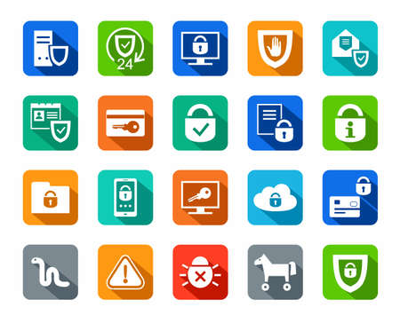 Protection of information, icons, colored, flat. Information technology, data security system. Vector white icons on a colored background with a shadow.のイラスト素材