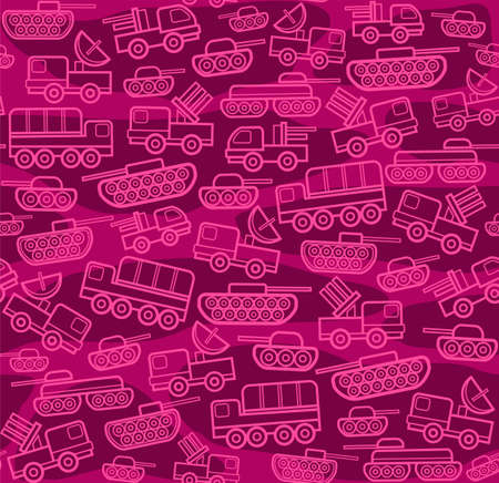 Military equipment, purple seamless background. Vector seamless background with military equipment on the deep red-purple field with spots. Pink, linear icons. Color, flat pattern.のイラスト素材