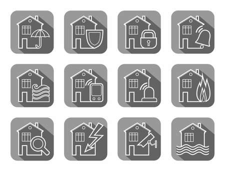 Security of housing and office buildings, icons, contour, gray. Safety of living and working space. White vector, line icons on gray background with shadow.のイラスト素材