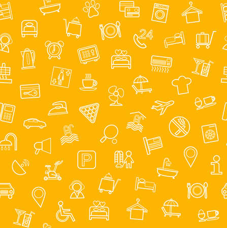 Hotel services, seamless background, dark yellow. Vector seamless yellow background with white linear icons of hotel services.のイラスト素材