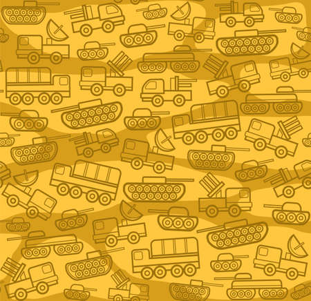 Military equipment, yellow seamless background. Vector seamless background with military equipment on field with yellow spots. Brown, linear icons. Color, flat pattern.のイラスト素材