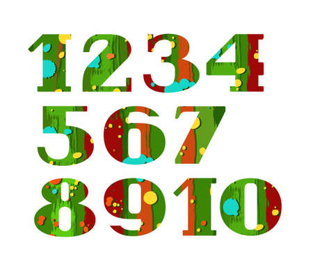 Numbers, color, paint and stain, vector. Vector numerals with serif. Colored splashes of paint on a green brown background. Simulation.のイラスト素材