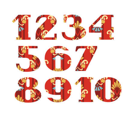 Numbers, gold flowers, vector, red. Colored, vector figures with serifs. Gold and blue flowers on red striped background. Imitation of gold embroidery.のイラスト素材