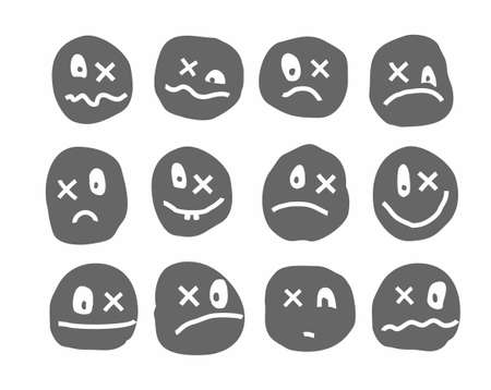 Memes, emotions, vector icons, round, gray with a cross. Different emotions. Uneven gray images on a white background. With the x instead of eyes.のイラスト素材