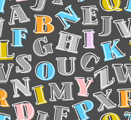 Colored letters of the alphabet, background, seamless, gray, vector. Gray, pink, orange serif letters on gray background. Thin white outline on the letters is offset to the side.のイラスト素材