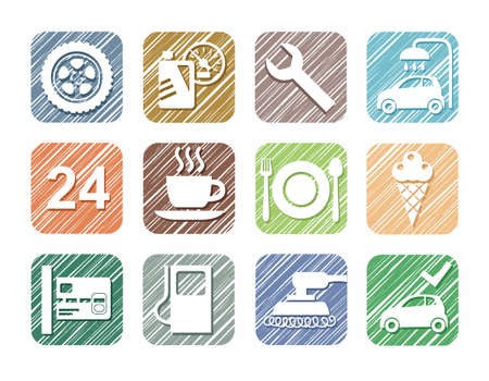 Car service icons, car, color pencil, shading, simulation, vector. Repair and maintenance of the car. White icons on a colored shaded field.のイラスト素材