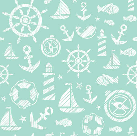 Nautical background, seamless, green, vector. The attributes of a sea voyage on a light green background. White pictures drawn with diagonal hatching. Vector pattern.のイラスト素材
