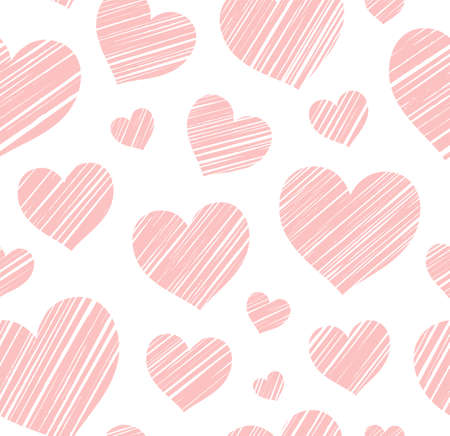 Heart, background, seamless, white, vector. Pink hearts drawn with a diagonal bar on a white field. Vector seamless pattern.のイラスト素材