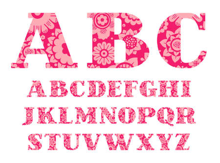 English alphabet, pink flowers, font, . Capital letters of the alphabet with serif. Pink decorative flowers on a dark pink .のイラスト素材
