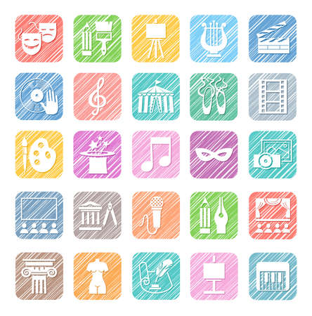Culture and art, icons, colored, vector, shading with a pencil. Different types of art and cultural activities. White icons on a colored shaded field.のイラスト素材