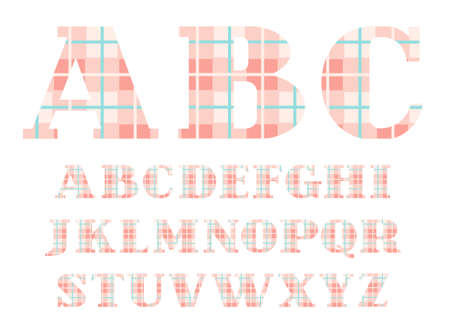 English alphabet, font, plaid, pink, vector. Capital letters of the English alphabet. Letters with serifs. Checkered vector font. Pink squares and a thin turquoise line.のイラスト素材