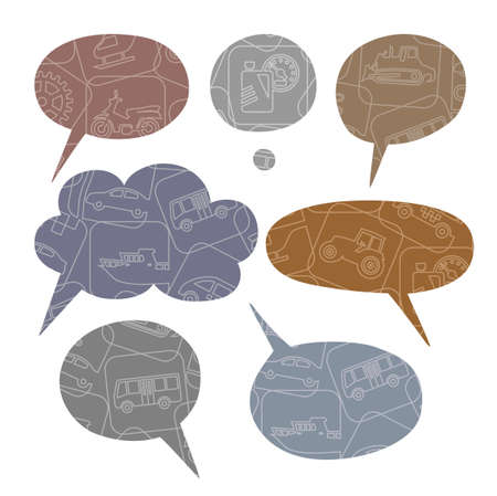 Cloud, communication, transport, color, dark, vector. Vector oval frame for text. Outline drawing of vehicles and equipment on a color, flat background.のイラスト素材