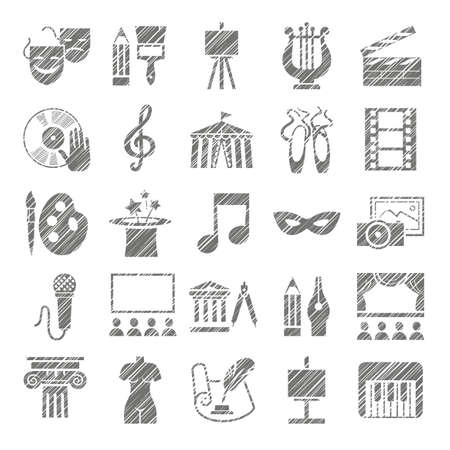 Culture and art, icons, shading pencil, gray, vector. Leisure and cultural centers. Cultural events and the attributes of art. Monochrome icons. Hatch gray pencil on a white field. Simulation. Vector picture.のイラスト素材