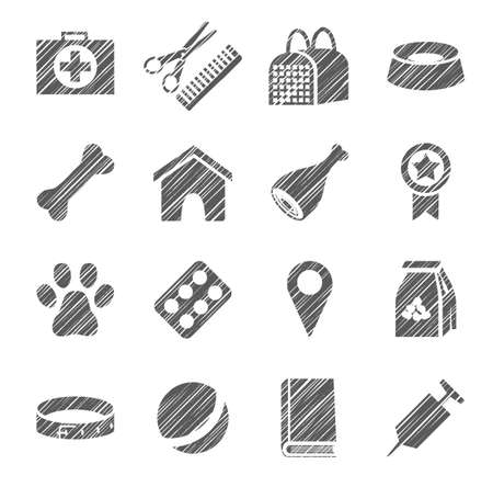 Pet products, icons, gray, shading with pencil, vector. The goods for Pets. Monochrome icons. Hatch gray pencil on a white field. Imitation. Vector clip art.のイラスト素材