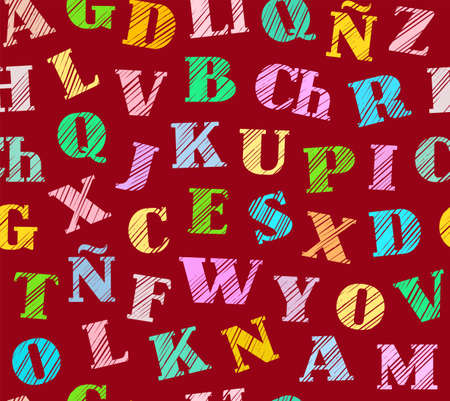 Spanish alphabet, seamless pattern, shading, pencil, red, color, vector. Spanish alphabet. Shading with colored pencils on a dark red field.のイラスト素材