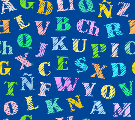 Spanish alphabet, seamless pattern, shading pencil, blue, color, vector. Spanish alphabet. Shading with colored pencils on dark blue field. Imitation. Vector decorative background.のイラスト素材