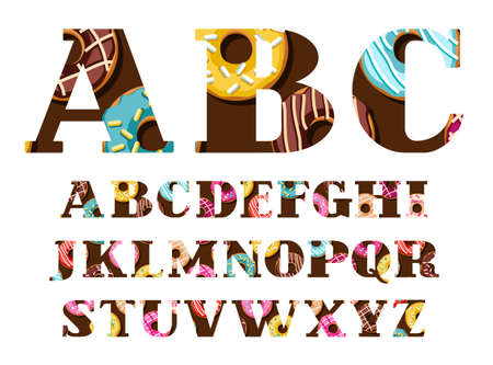 English font, donuts with glaze, vector. Capital letters of the English alphabet. Donuts in colored. Color font with serif. Vector clip art.のイラスト素材