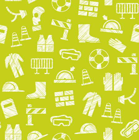 Safety at work, labor protection, seamless pattern, yellow-green, shading with pencil, vector. Special clothing and means of protection. Safety on the job. Hatching with a white pencil on the yellow-green field. Imitation. Vector pattern.のイラスト素材