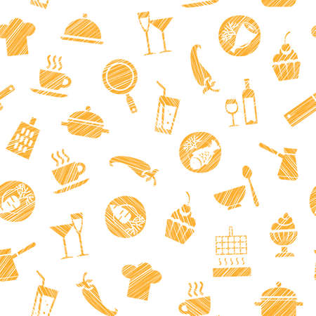 Cooking, seamless pattern, white, orange, vector. Dishes and food. Hatching with an orange pencil on a white field. Imitation. Vector pattern.のイラスト素材