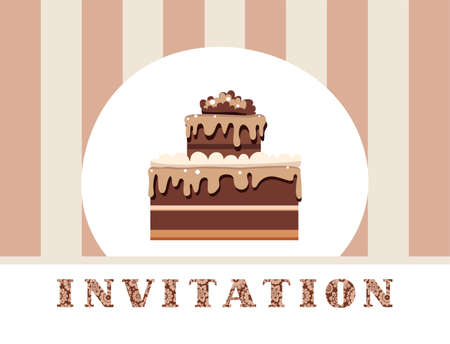 Birthday invitation template with chocolate cake design on  stripe background.のイラスト素材