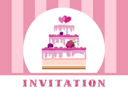Birthday invitation template with strawberry cake design on  pink stripe background.のイラスト素材