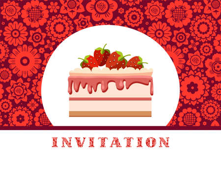 Invitation, strawberry cake, dark red, floral background, vector. Invitation for birthday, wedding. A holiday, a family celebration. Cake with strawberries on a floral background. Red flowers on a dark red field. Vector picture.のイラスト素材