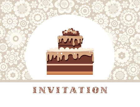 Holiday invitation, chocolate cake, floral background, light gray, vector. Birthday invitation, wedding. A holiday, a family celebration. Chocolate cake with cream on floral, flat background. Vector image. Light flowers on a gray field.のイラスト素材