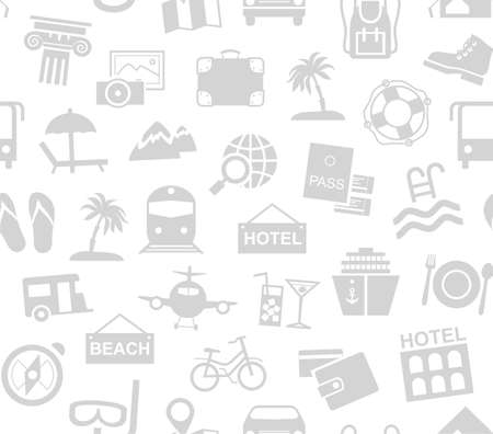 Travel, vacation, tourism, recreation, seamless pattern, monochrome, white, vector. Different types of recreation and ways to travel. Gray pictures on a white field. Vector, monochrome background.のイラスト素材