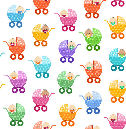 Babies in strollers, seamless pattern, white, vector. Small children in colorful baby carriages on a white background. Color, flat background. Vector picture.のイラスト素材