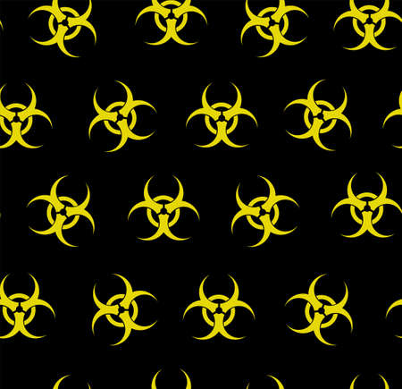 Biohazard, seamless pattern, black, flat. Biological weapons, yellow badges on a black field.のイラスト素材