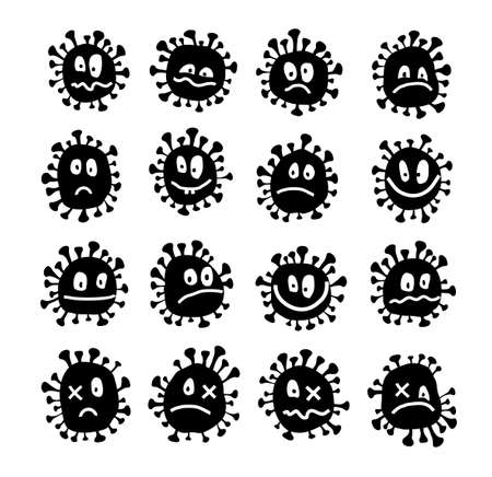 Virus, icons, set, monochrome. Funny emotions. Black images on a white field. A comic portrait of the virus. Vector.のイラスト素材