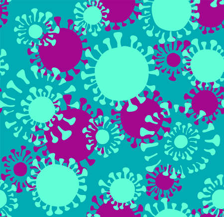 Virus, seamless pattern, color, turquoise. Virus strain. Turquoise and purple flat images on a turquoise field. Vector image.のイラスト素材