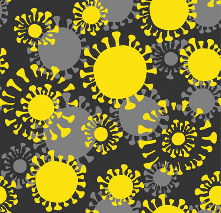 Virus, seamless pattern, color, gray. Virus strain. Yellow flat images on a gray field. Vector image.のイラスト素材