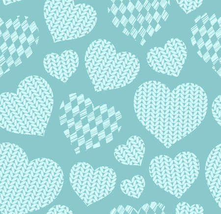 Hearts, seamless pattern, knitted, blue. Knitted hearts on a colored field. Decorative flat image. Vector.のイラスト素材