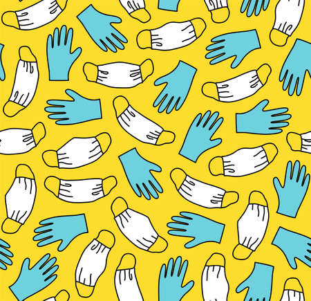 Masks and gloves, virus, protection, seamless pattern, color, yellow. Blue gloves and white medical masks on a yellow background. Illustration. Vector.のイラスト素材