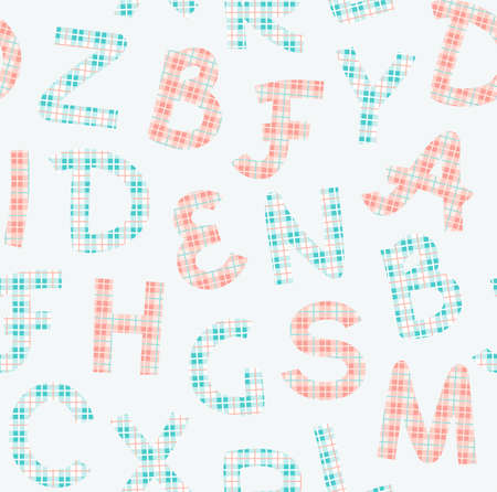 Letters pink, checkered, English alphabet, seamless pattern, gray. Capital letters in pink and blue checkered on a gray field. Vector.のイラスト素材