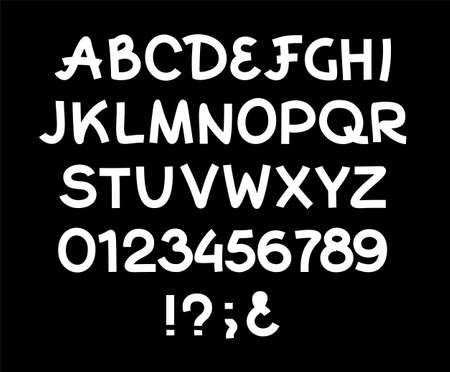 English alphabet, thick lines, white. Handwritten, thick font. White letters and numbers on a black field. Vector.のイラスト素材