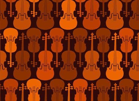 Violins, seamless pattern, brown. Brown and orange violins on a dark field. Vector.