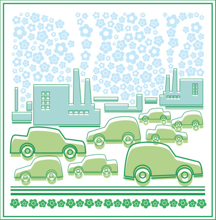 The city and the machine, ecology. In the town there are the factories, on the streets of many cars, but they do not pollute the environment.のイラスト素材