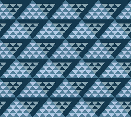 Triangles, seamless pattern, blue, color. Gray and blue triangles on a blue field. Geometric pattern. Color, flat print. Vector.のイラスト素材