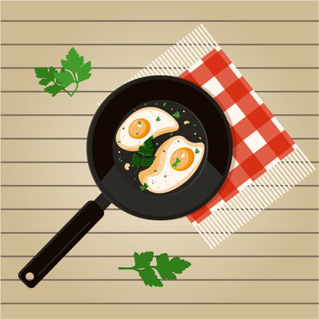 Fried eggs in a pan with herbs and spices. simple vector illustration. Keto breakfast. Scrambled eggs.のイラスト素材