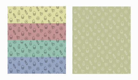 Linear icons of sweets and pastries. Can be used for social networks, postcards, logos, shop and holiday signs, patterns for clothes and bed linen.のイラスト素材