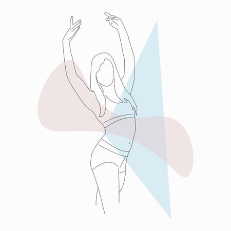 silhouette of a girl in a sports top and shorts in a ballet pose with arms raised for the design and decoration of a profile in social networks, logos, stickers, posters, postcards, badges, corporate identity, packaging, printsのイラスト素材