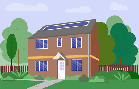 two-story house with a fence, trees and a path. Simple flat illustration.のイラスト素材
