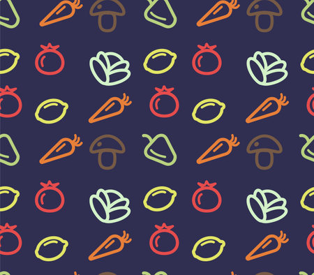 seamless pattern of linear food icons - mushroom, carrot, tomato, lemon, pepper, cabbage. For web design, postcards, wallpapers, textiles, backgrounds, wrappers, postcards, invitations.のイラスト素材