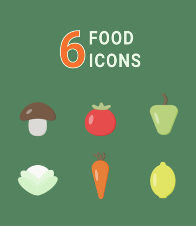 6 flat icons of vegetables and fruits on a green background for web design, textile design, postcards, invitations, social networksのイラスト素材