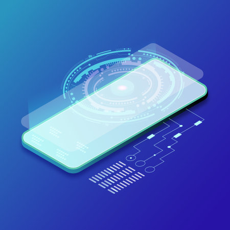 phone screen design with technological and electronic glowing processes in an isometric projection with HUD elements.Futuristic technology concept. 3d round HUD element. Big data infographics.  Business technologies.のイラスト素材